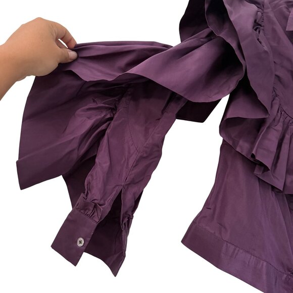 La Fuori Eggplant Silk Ruffle Puff Sleeve Waist Tie Button Blouse Small NEW - Picture 5 of 7